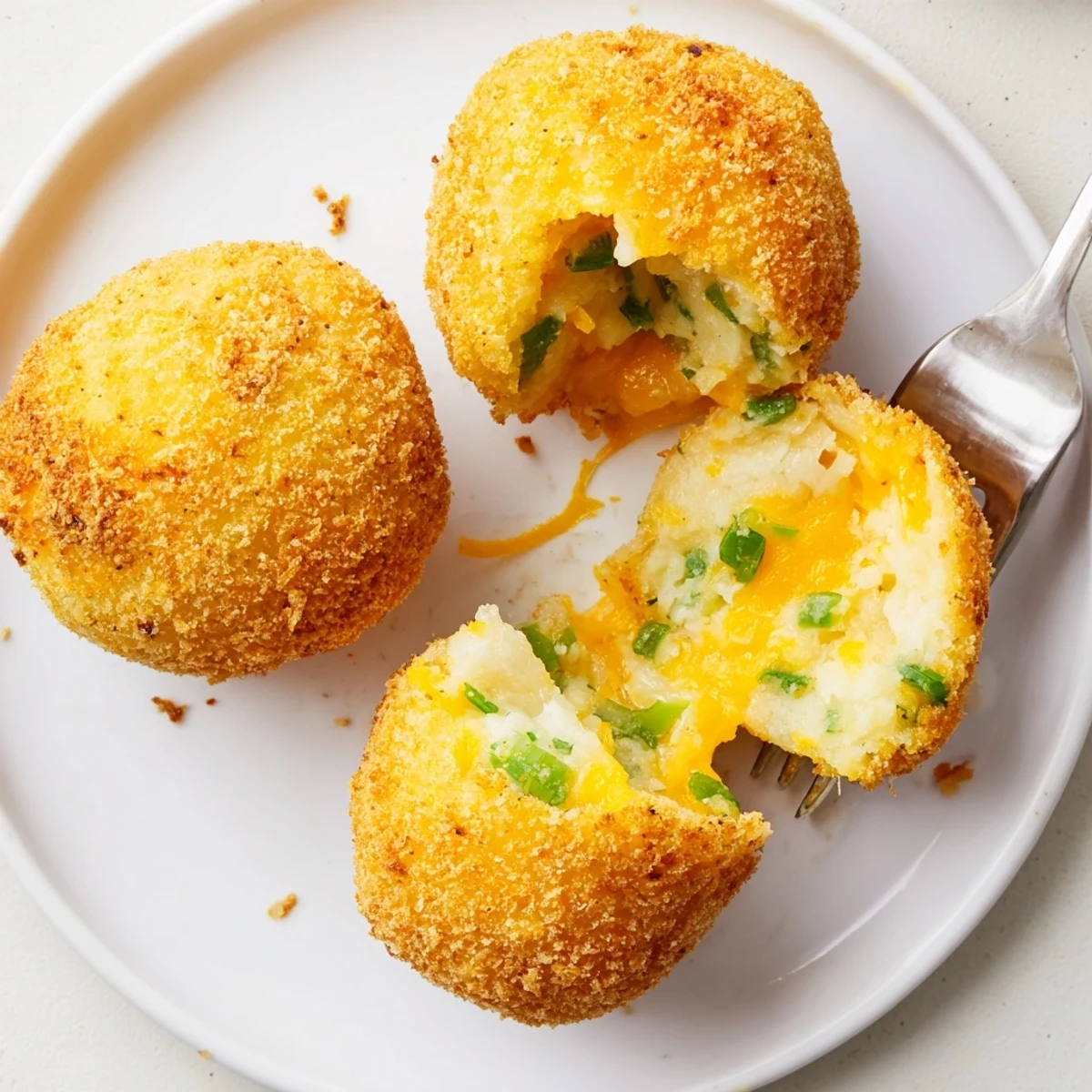 Fried Mashed Potato Balls with golden, crispy crust and gooey cheddar inside