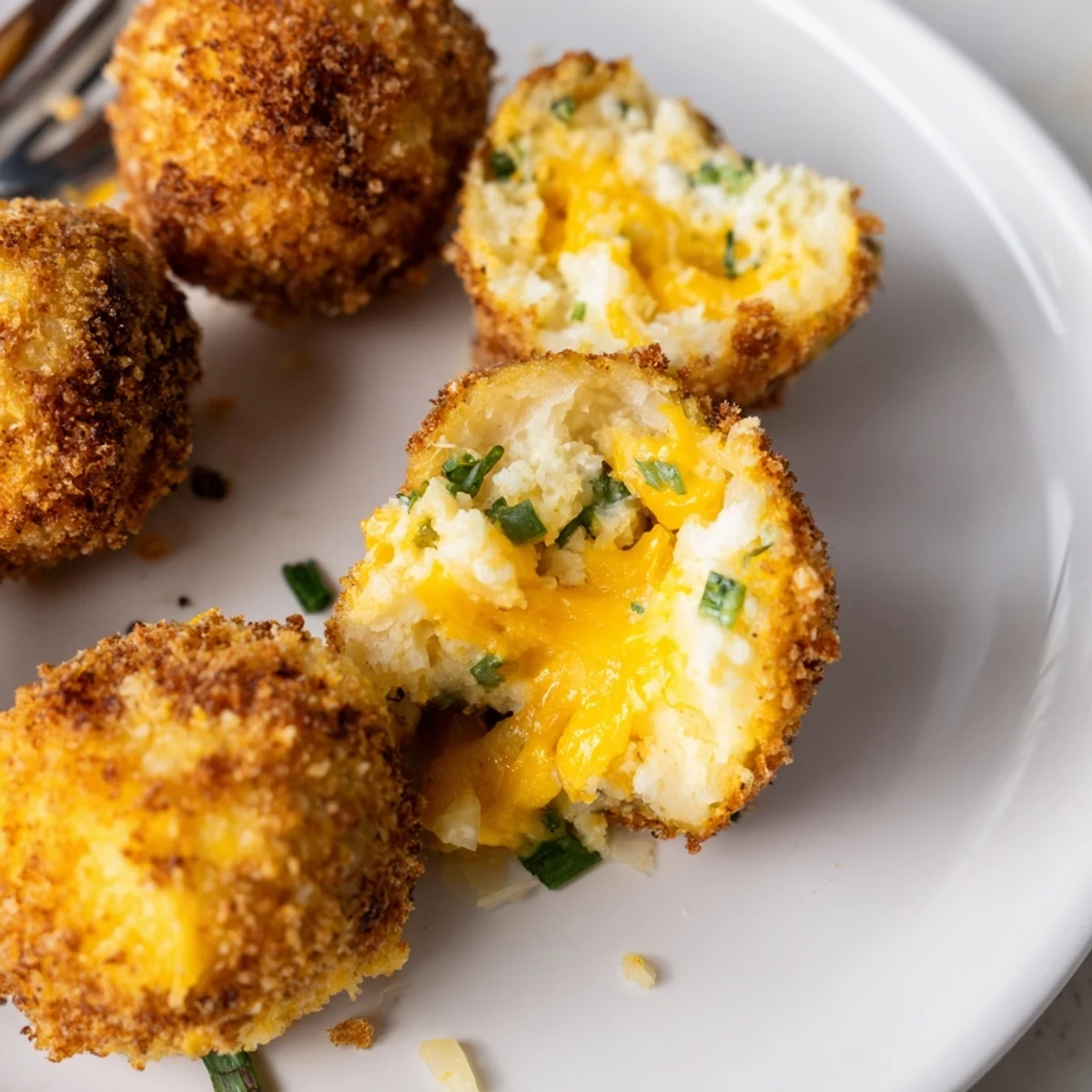 Crisp Fried Mashed Potato Balls piled on plate, served with ranch dip