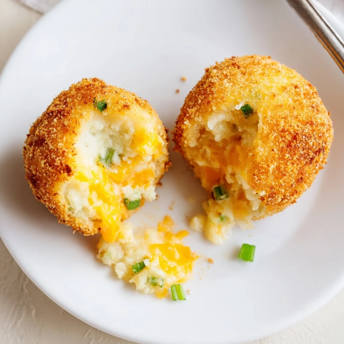 Handheld Fried Mashed Potato Balls, creamy interior, fresh scallions and pepper