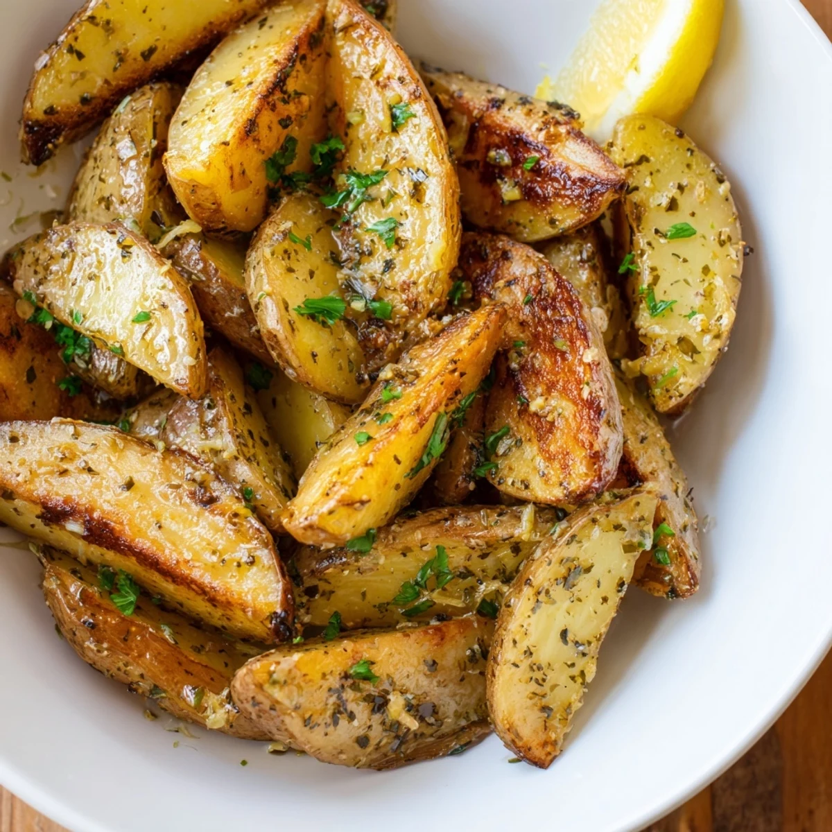 Warm pile of Authentic Greek Lemon Potatoes Recipe, herb-speckled, served with lemon wedges