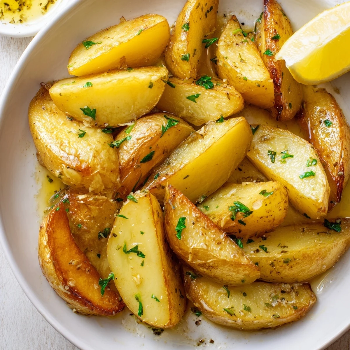 Roasted Authentic Greek Lemon Potatoes Recipe glistening in pan juices, garnished with parsley
