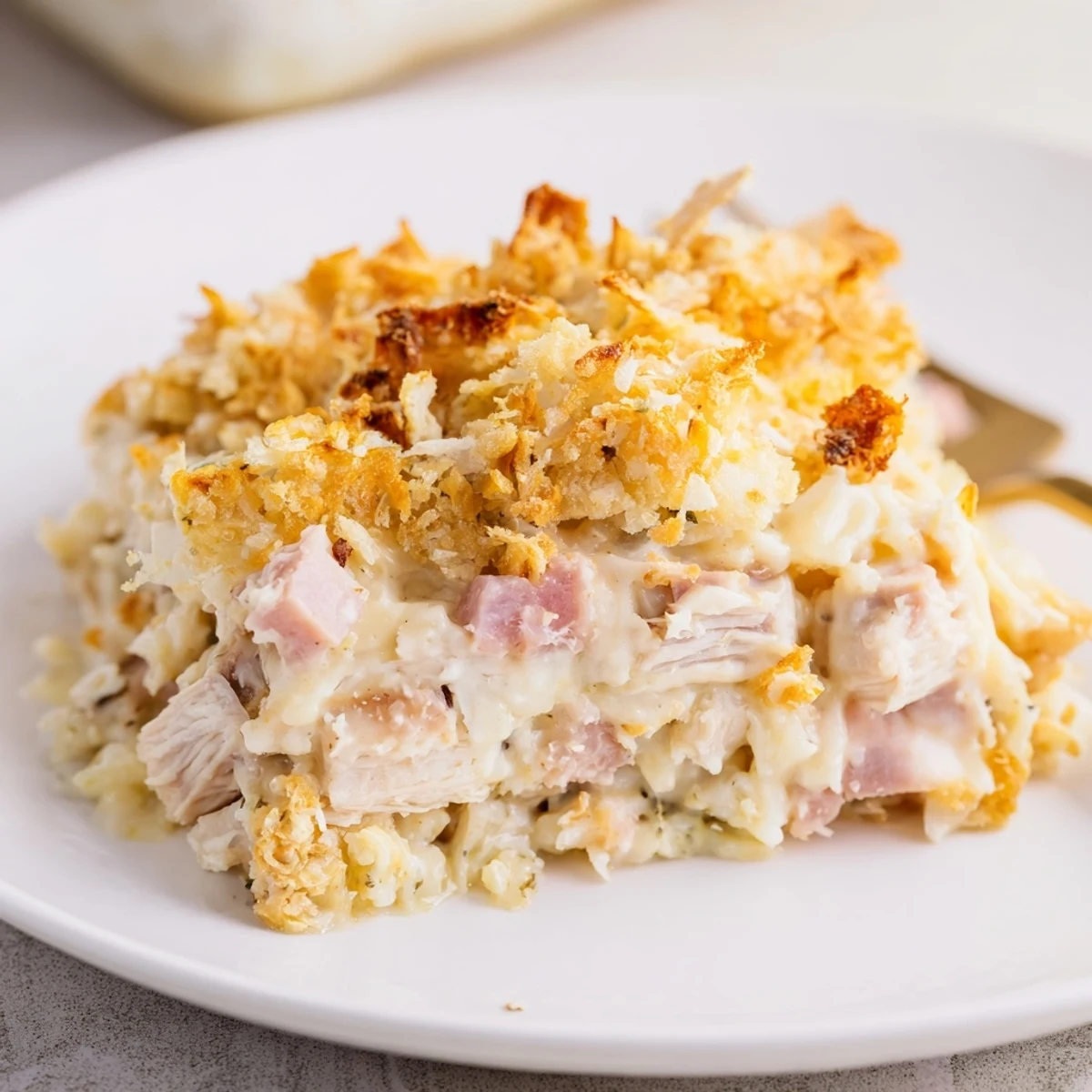 Hearty Chicken Cordon Bleu Casserole served with green salad and glass Chardonnay