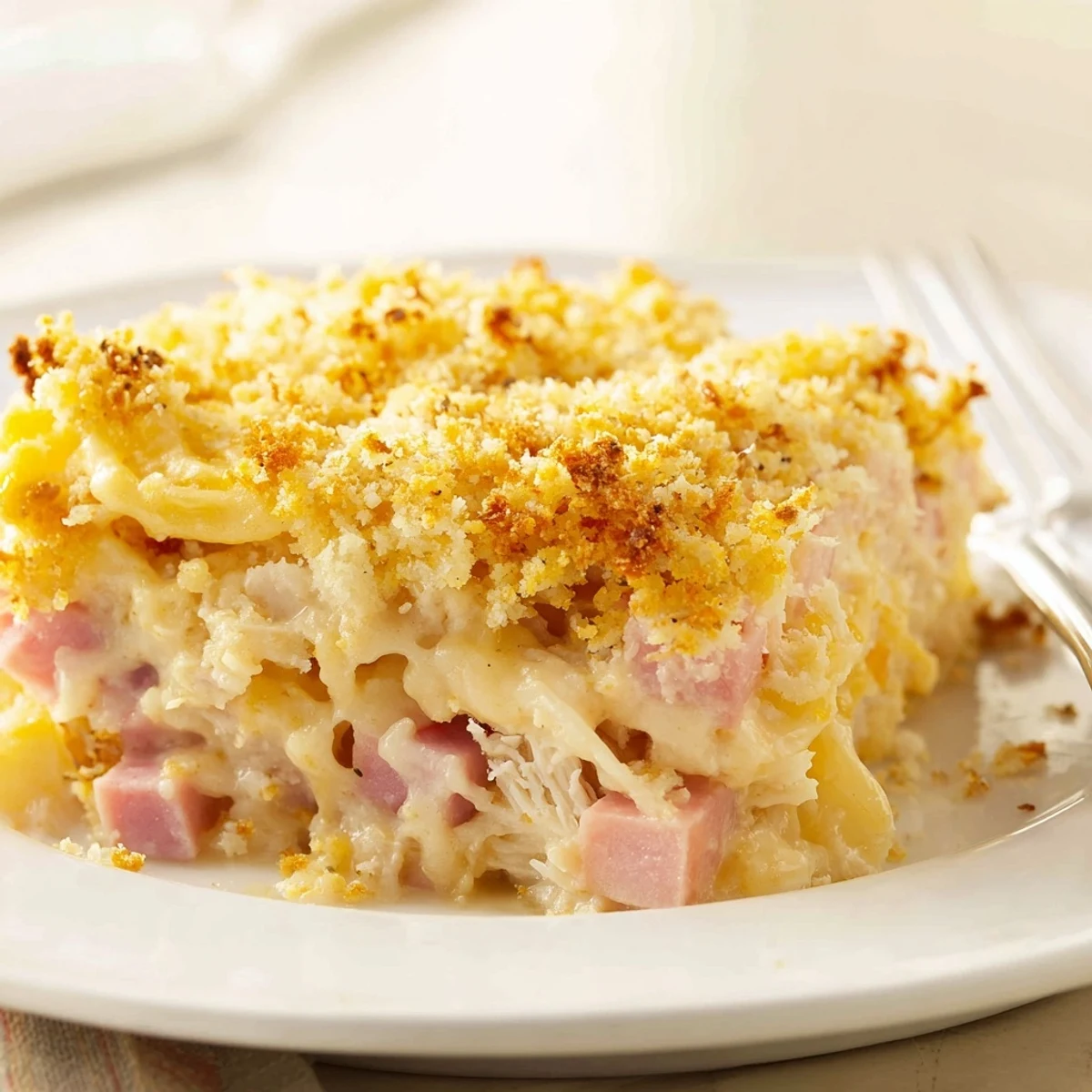 Sliced Chicken Cordon Bleu Casserole resting five minutes, creamy Dijon sauce visible