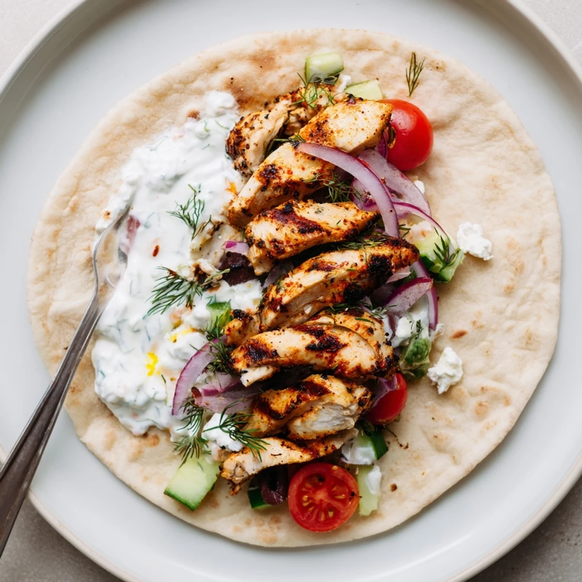 Mediterranean Chicken Pita Wraps with charred chicken, tangy yogurt, crisp cucumber slices