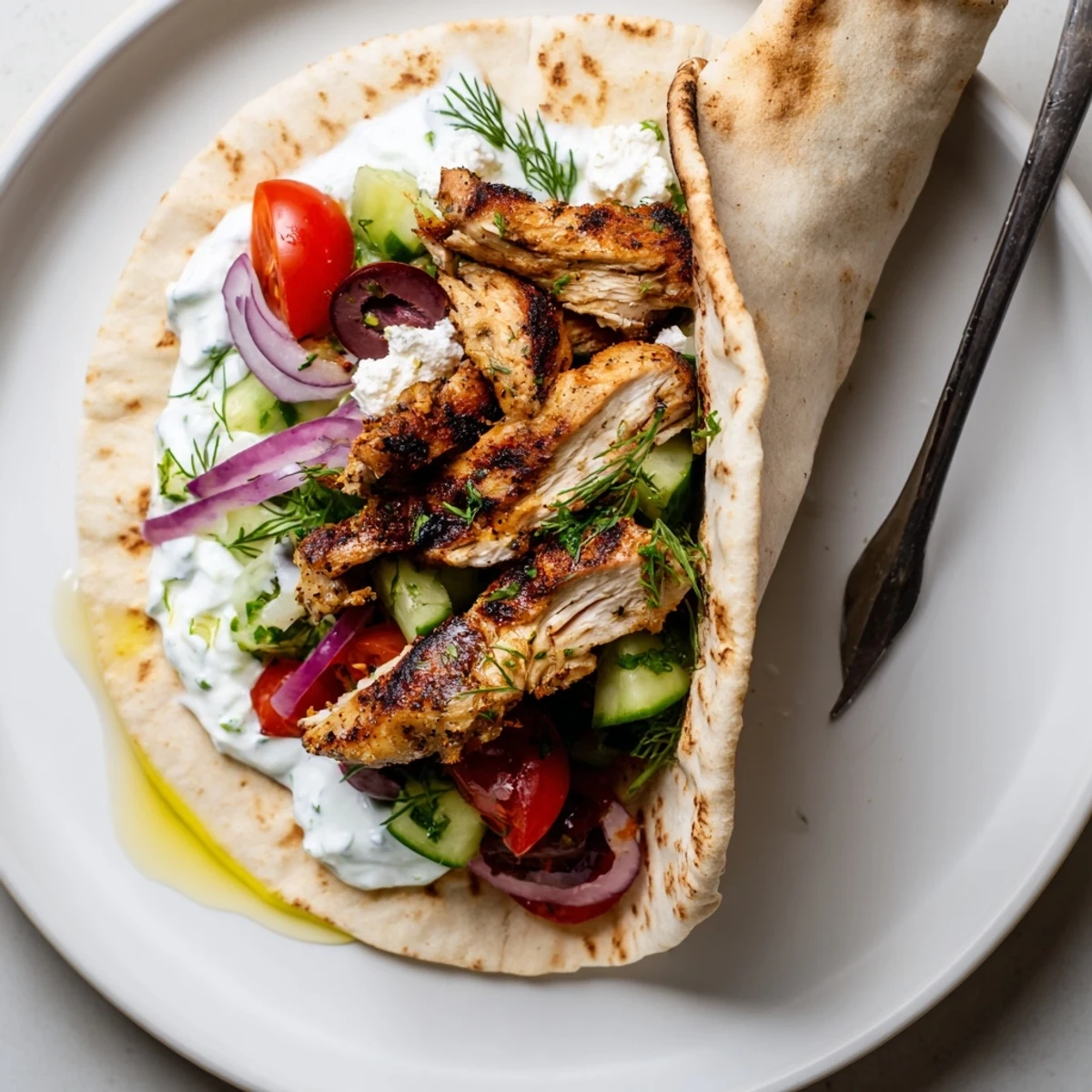 Grilled Mediterranean Chicken Pita Wraps drizzled with zesty yogurt sauce, ready to serve