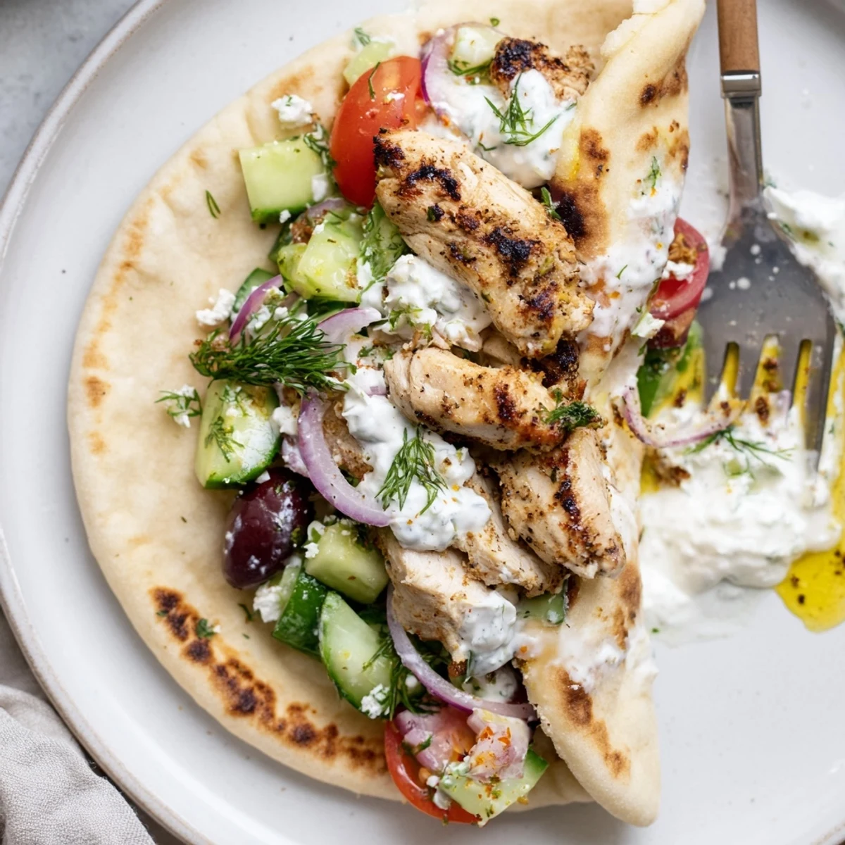 Warm Mediterranean Chicken Pita Wraps layered with feta, olives, and fresh greens