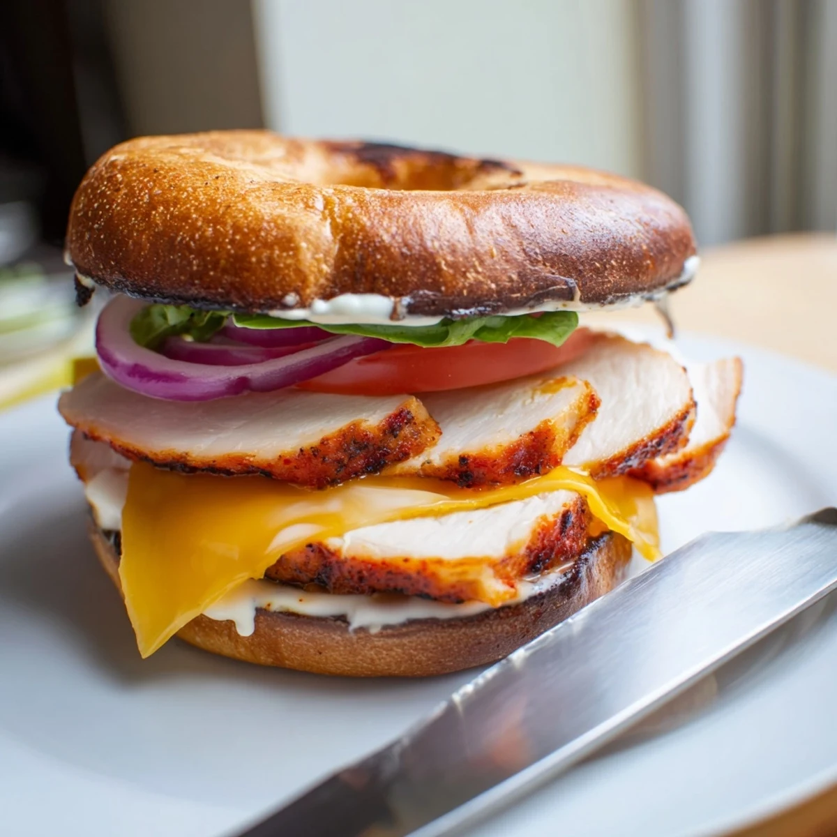 Spicy Chicken Sandwich With Creamy Sauce on toasted bun, juicy chicken visible.