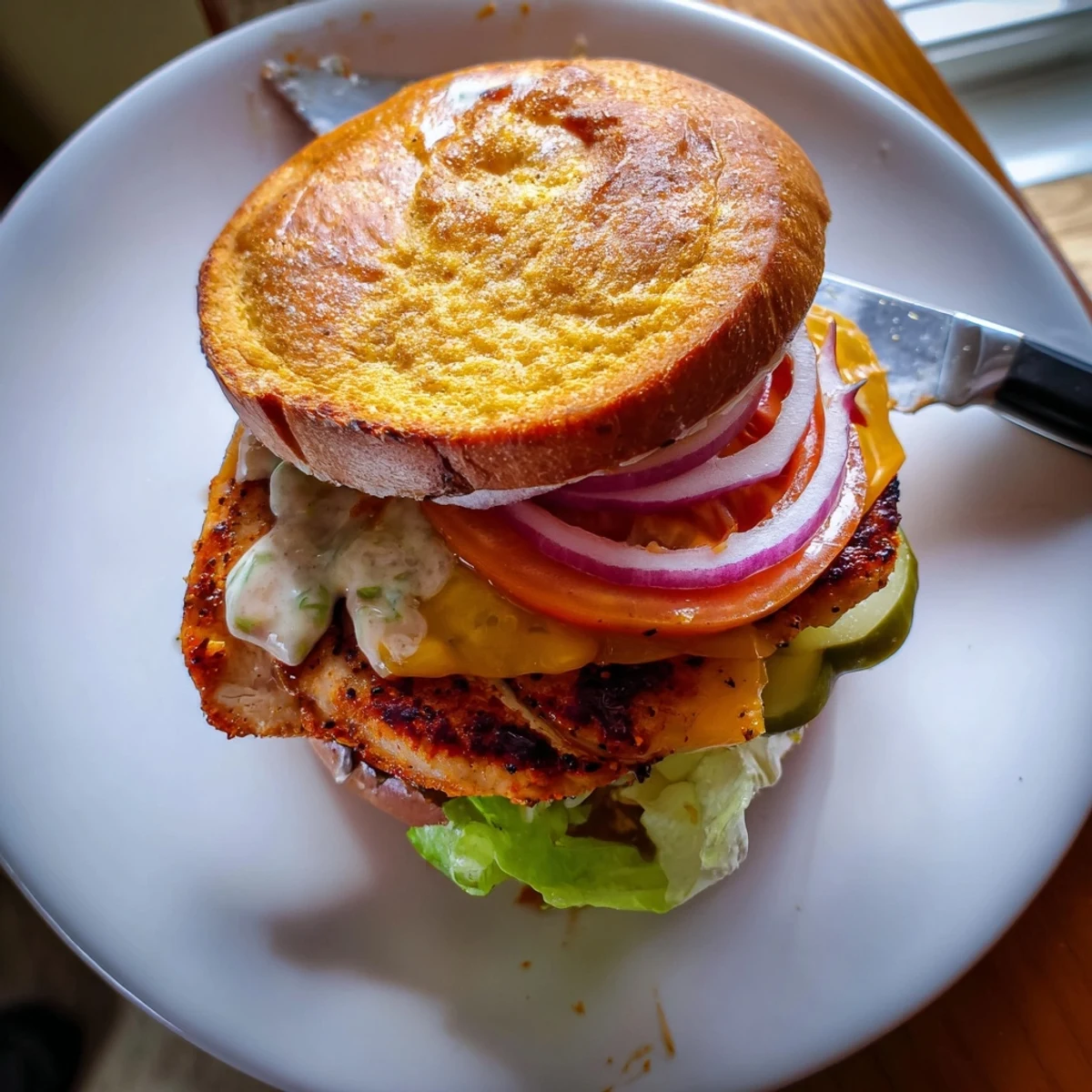 Crisp romaine crowns a Spicy Chicken Sandwich With Creamy Sauce for lunch.