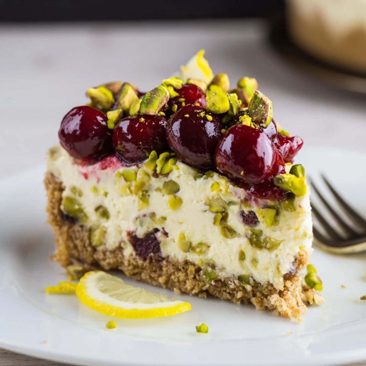 Lemon Lime Cherry Pistachio Cheesecake topped with glossy cherries and chopped pistachios