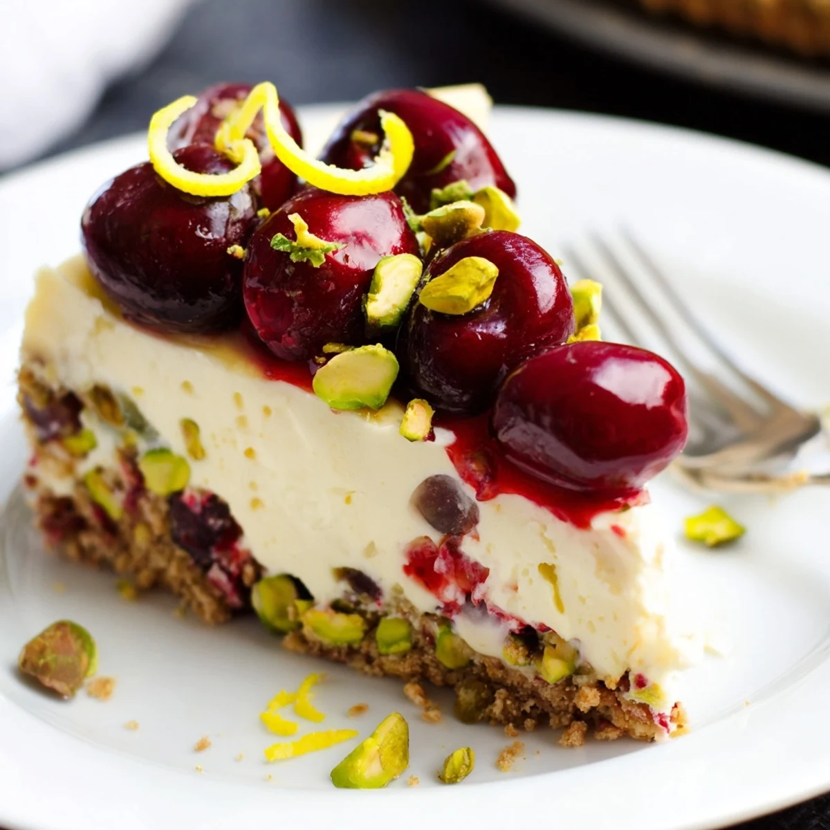 Slice of Lemon Lime Cherry Pistachio Cheesecake on plate, creamy, zesty, chilled