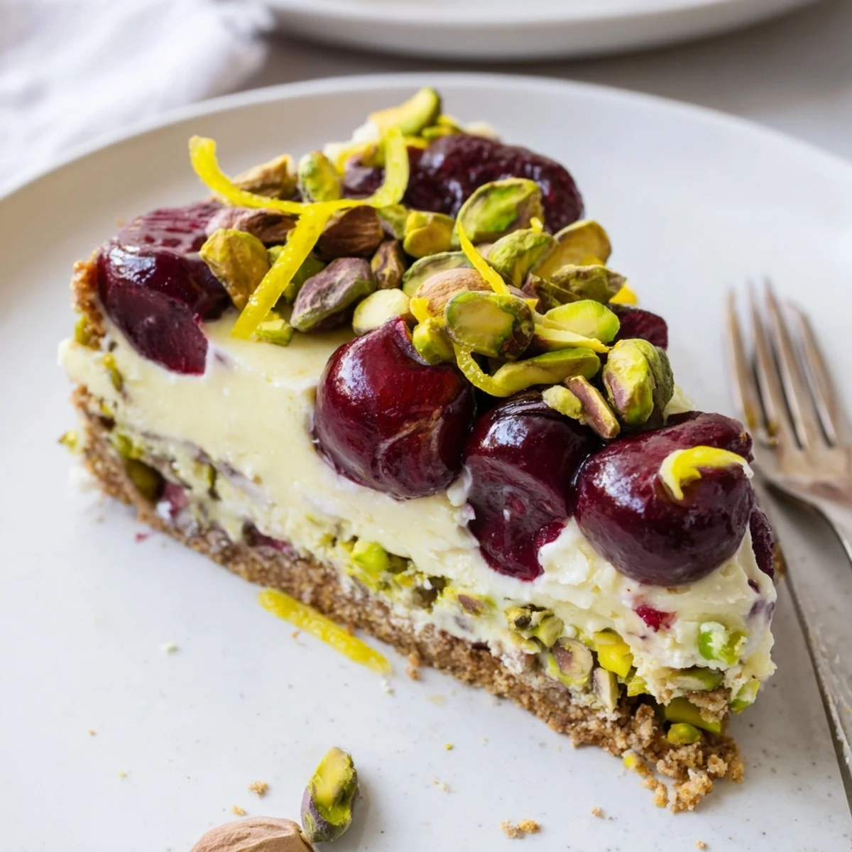 Overhead view of Lemon Lime Cherry Pistachio Cheesecake with vibrant citrus zest garnish