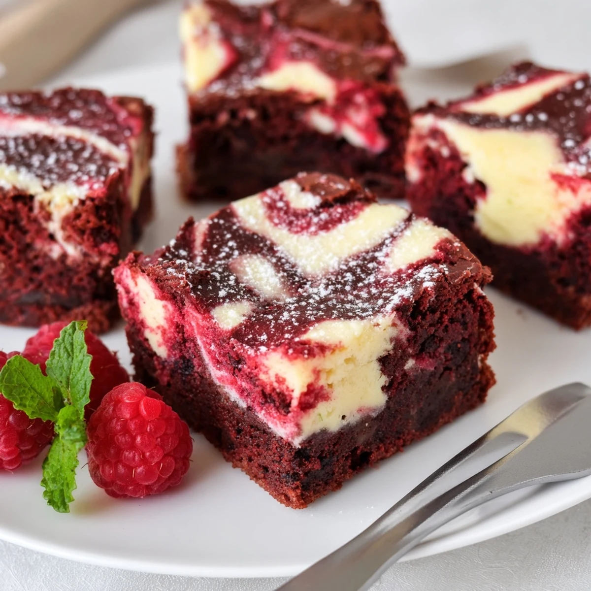 Red Velvet Brownies With Cheesecake Layer sliced to reveal marbled swirls, creamy contrast