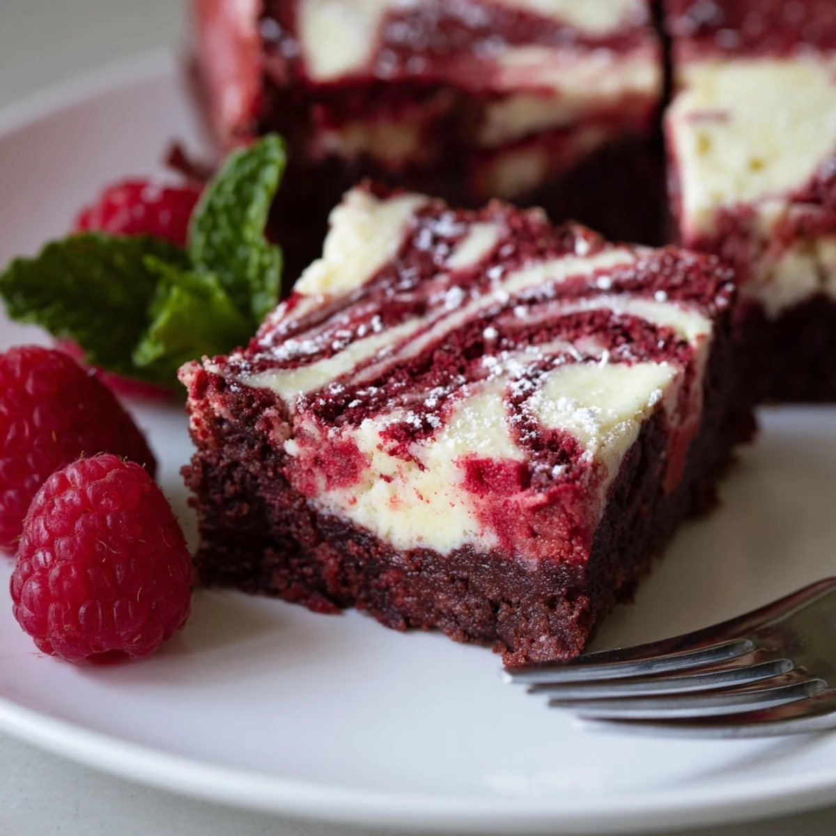 Decadent Red Velvet Brownies With Cheesecake Layer close-up highlighting fudgy crumb and glossy top