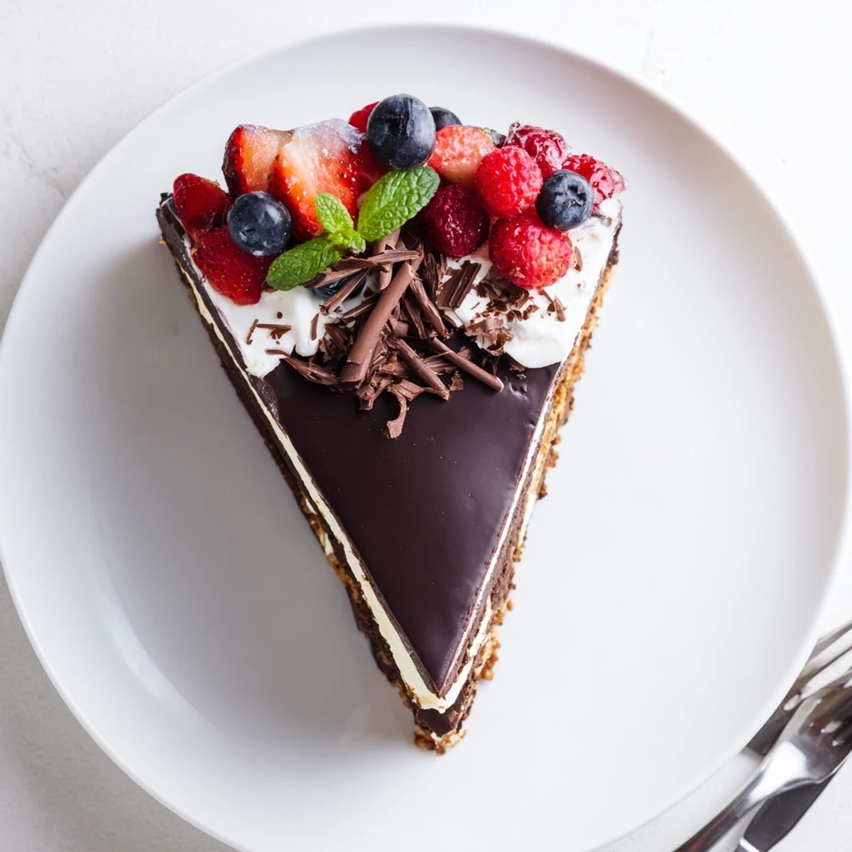 The Ultimate Dessert Recipe: layered chocolate ganache, creamy vanilla, fresh berry topping.