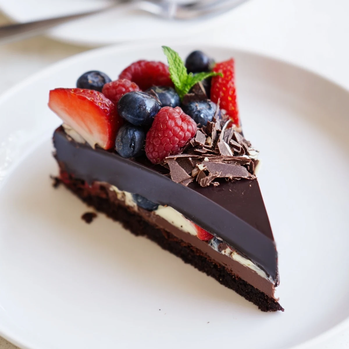 A slice of The Ultimate Dessert Recipe with mint, shavings, juicy berries.