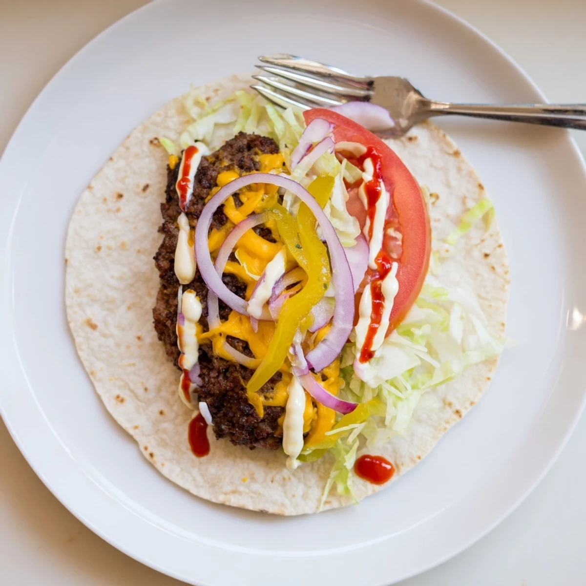 Savory Smash Burger Tacos Recipe showcasing smashed beef edges, fresh tomato and pickle  