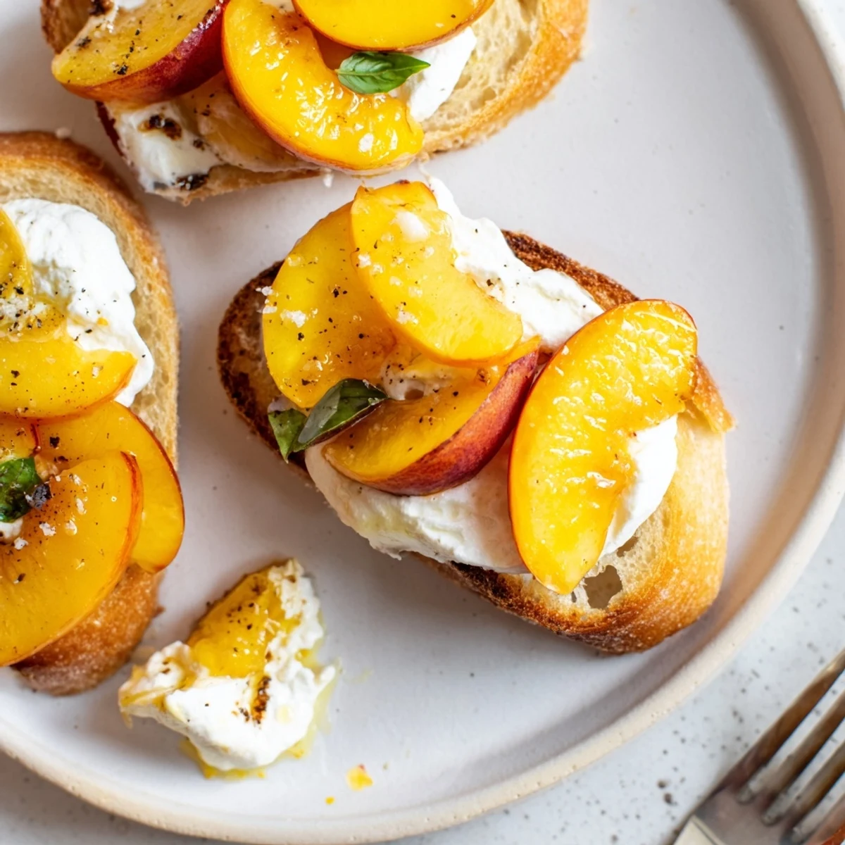 Peach Bruschetta With Whipped Ricotta on golden toasted baguette, honey-drizzled, torn basil garnish
