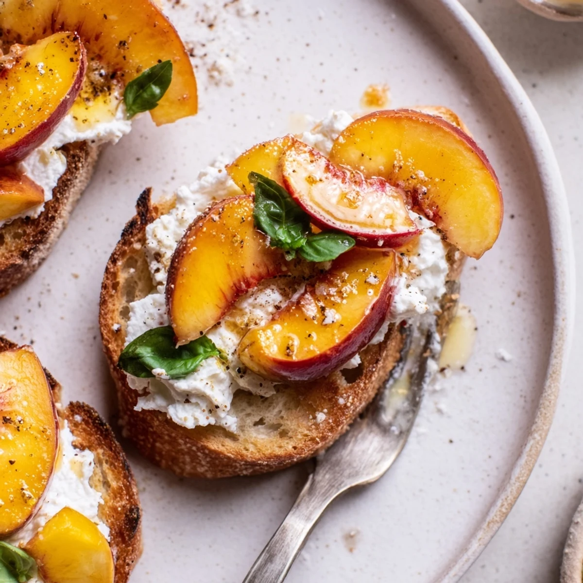 Sliced juicy peaches atop Peach Bruschetta With Whipped Ricotta, cracked pepper, sea salt