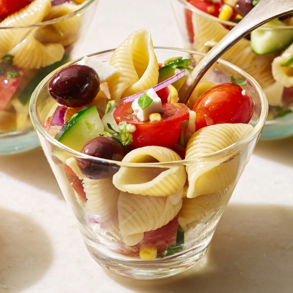 Pasta Salad Cups Recipe with colorful veggies, tangy dressing, chilled for parties.