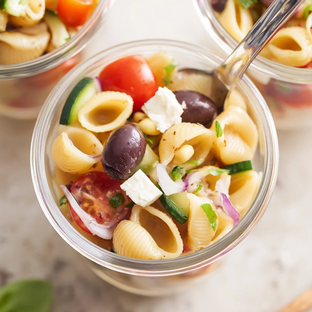 Individual Pasta Salad Cups Recipe showcasing al dente pasta, feta, fresh basil.