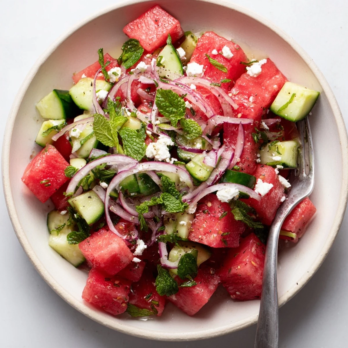 Bright Watermelon Cucumber Salad with mint and lime, picnic-ready and refreshing