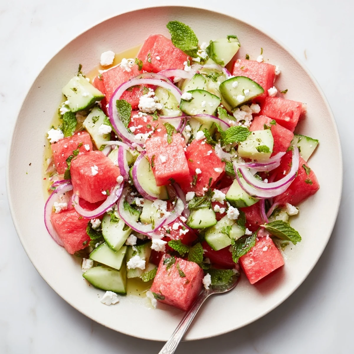 Chilled Watermelon Cucumber Salad tossed in zesty lime dressing, served in bowl