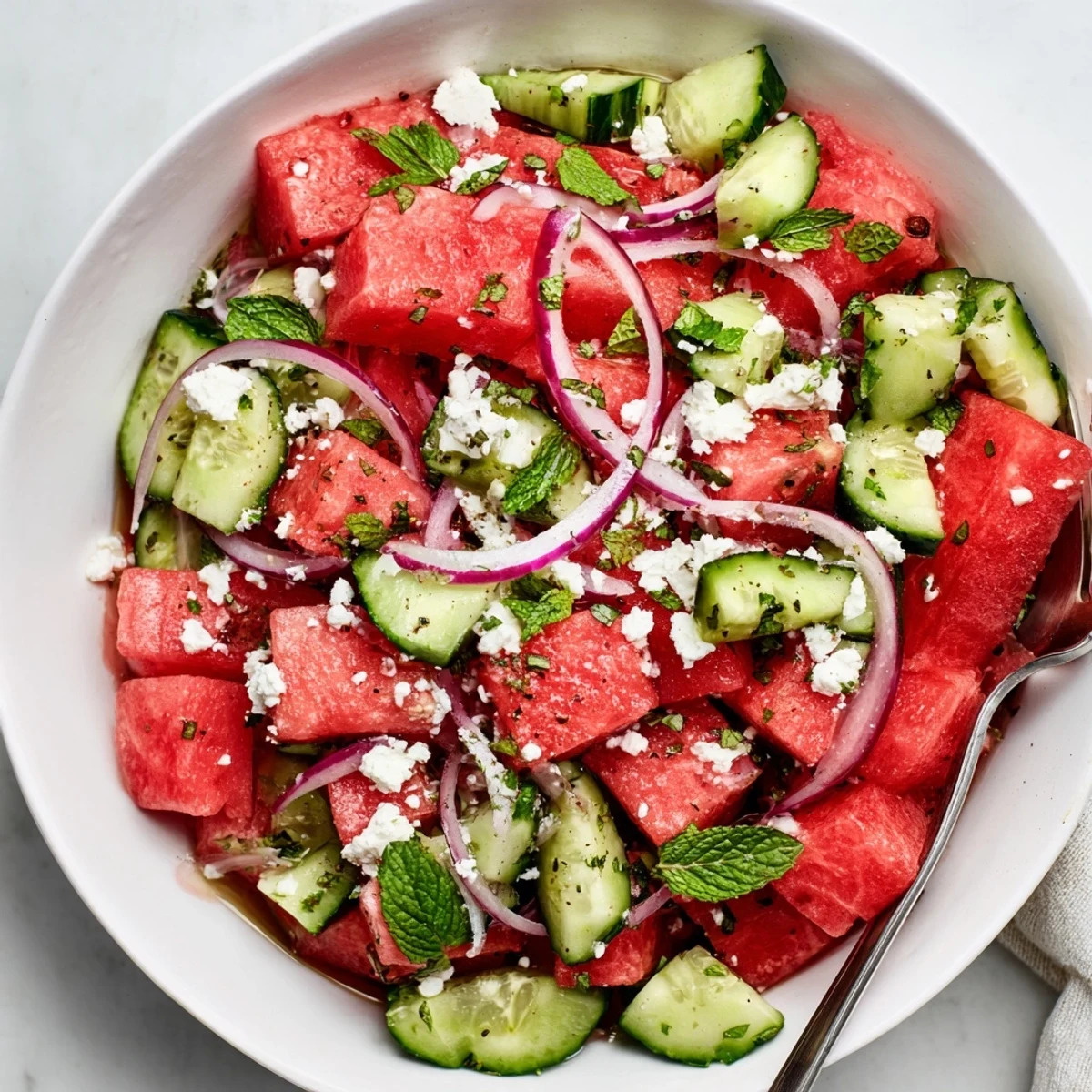 Colorful Watermelon Cucumber Salad topped with crumbled feta, cool summer lunch option