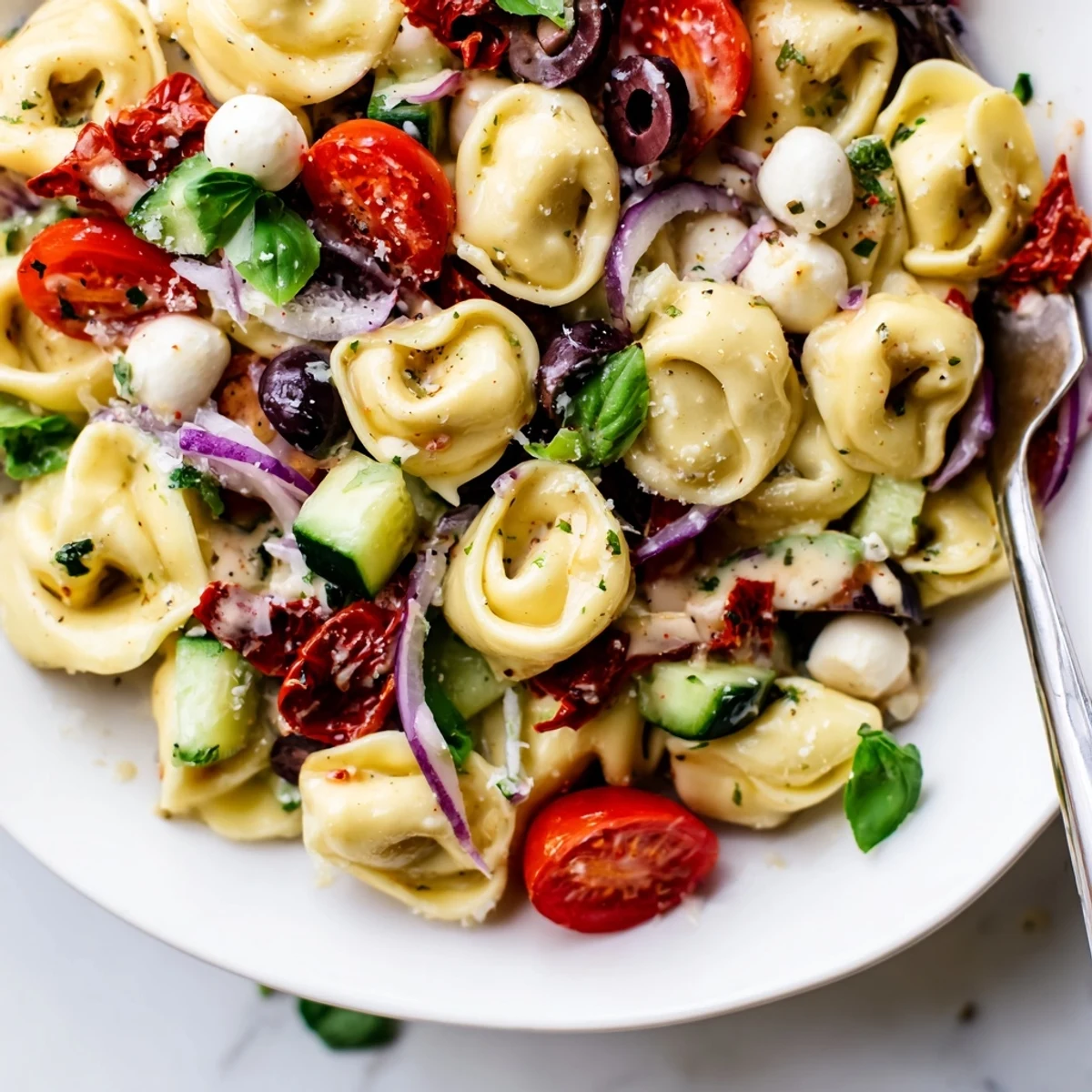 Tortellini Pasta Salad with glossy cherry tomatoes and torn basil, picnic ready