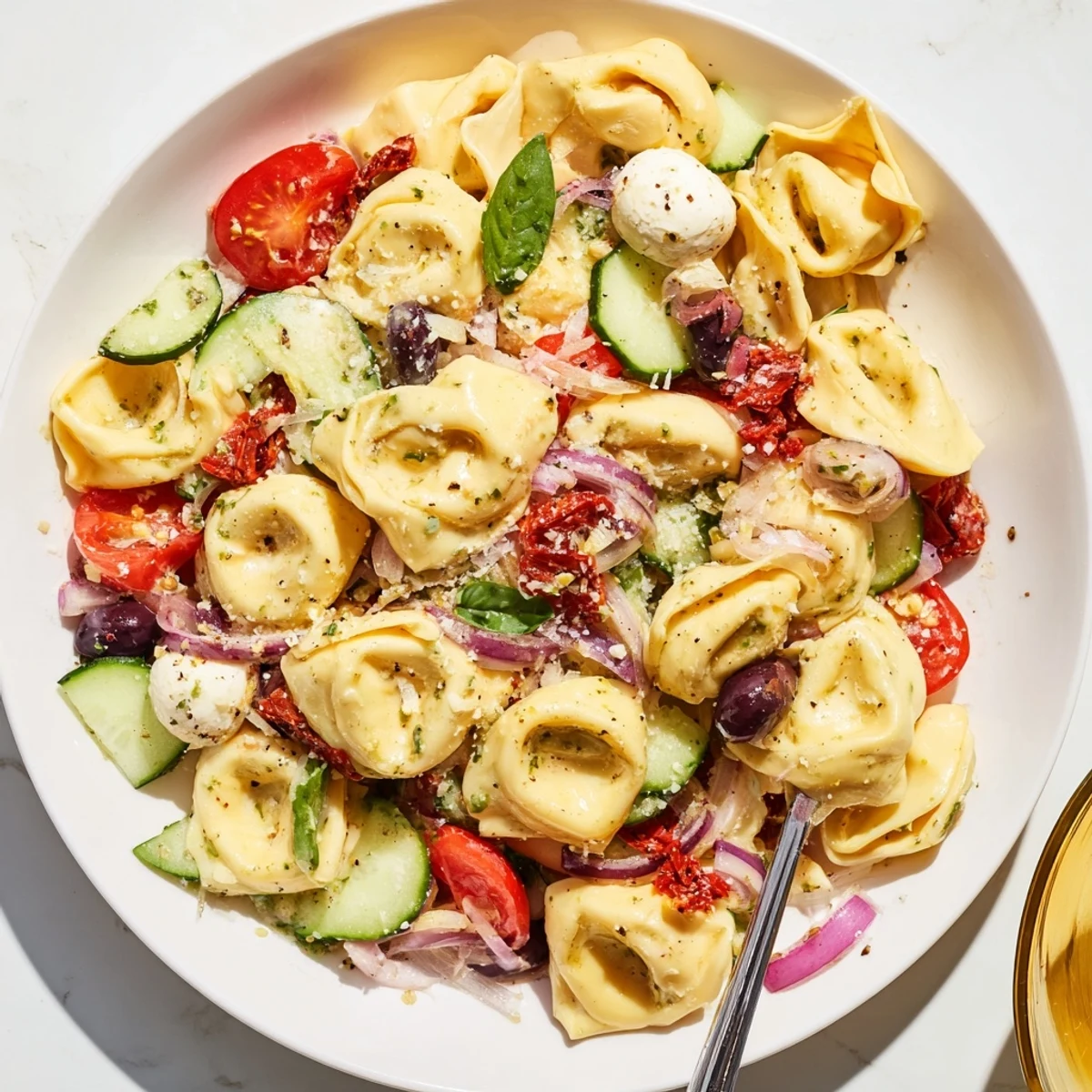 Creamy mozzarella studded Tortellini Pasta Salad with cucumber crunch and peppery bite, potluck ready