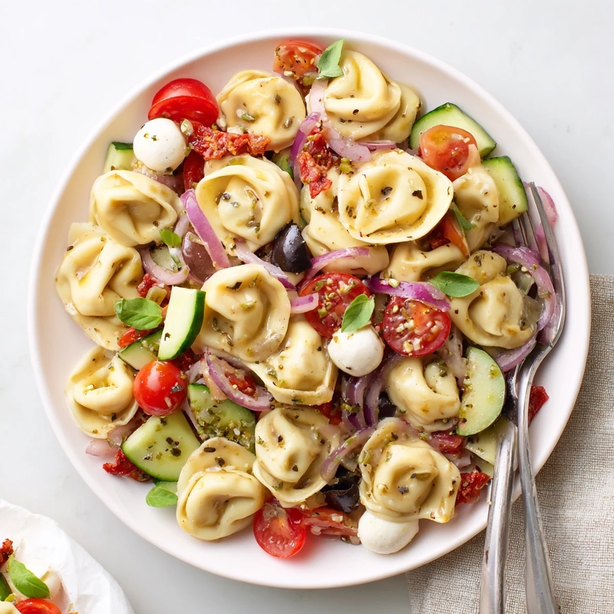 Bright Tortellini Pasta Salad tossed in zesty Italian dressing, chilled for serving