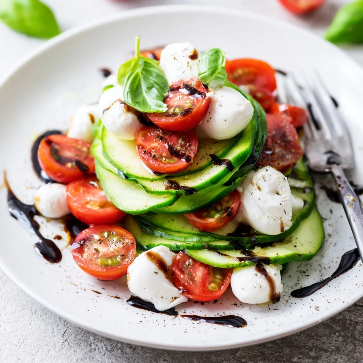 Juicy Cucumber Caprese Salad arranged on platter, glossy tomatoes and basil  