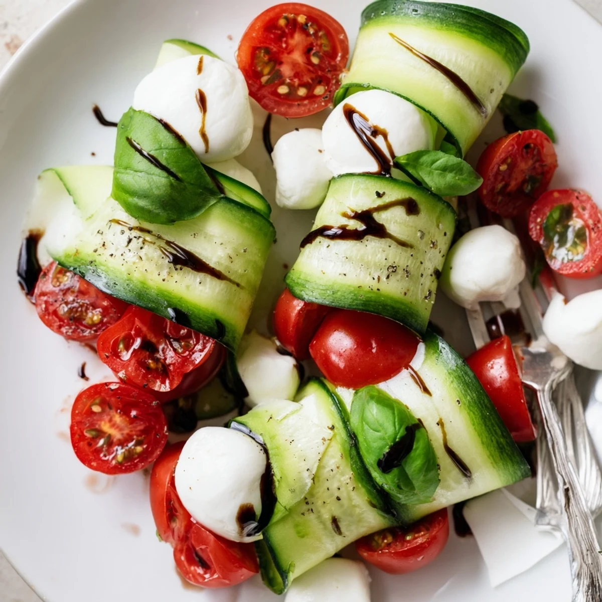 Summer-ready Juicy Cucumber Caprese Salad served chilled, fragrant basil and tangy glaze