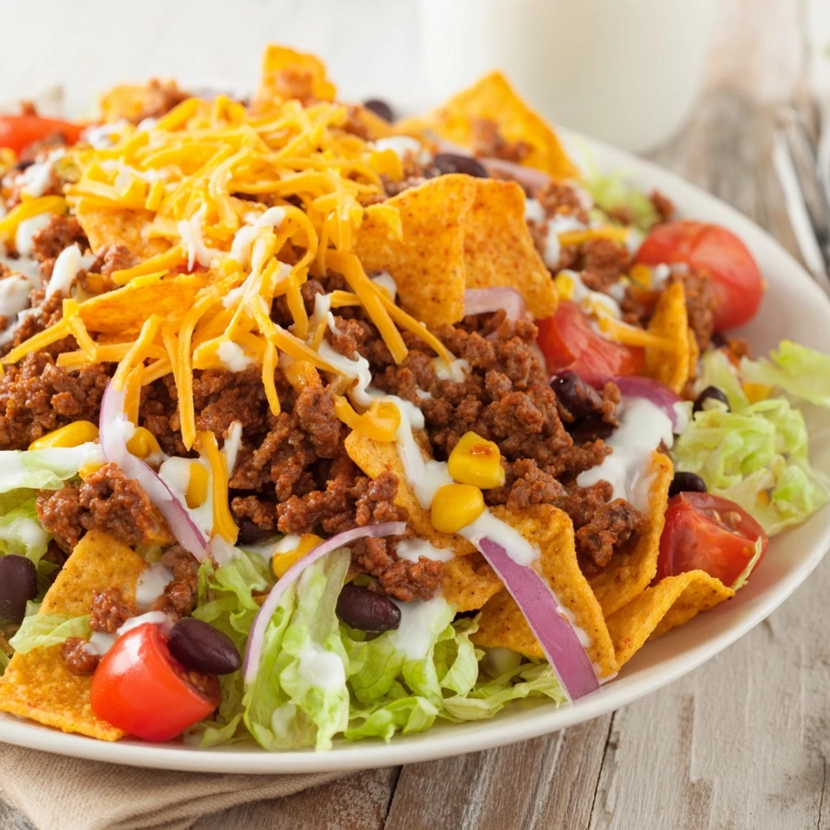 Simple Doritos Taco Salad with crunchy chips, warm seasoned beef, vibrant veggies.