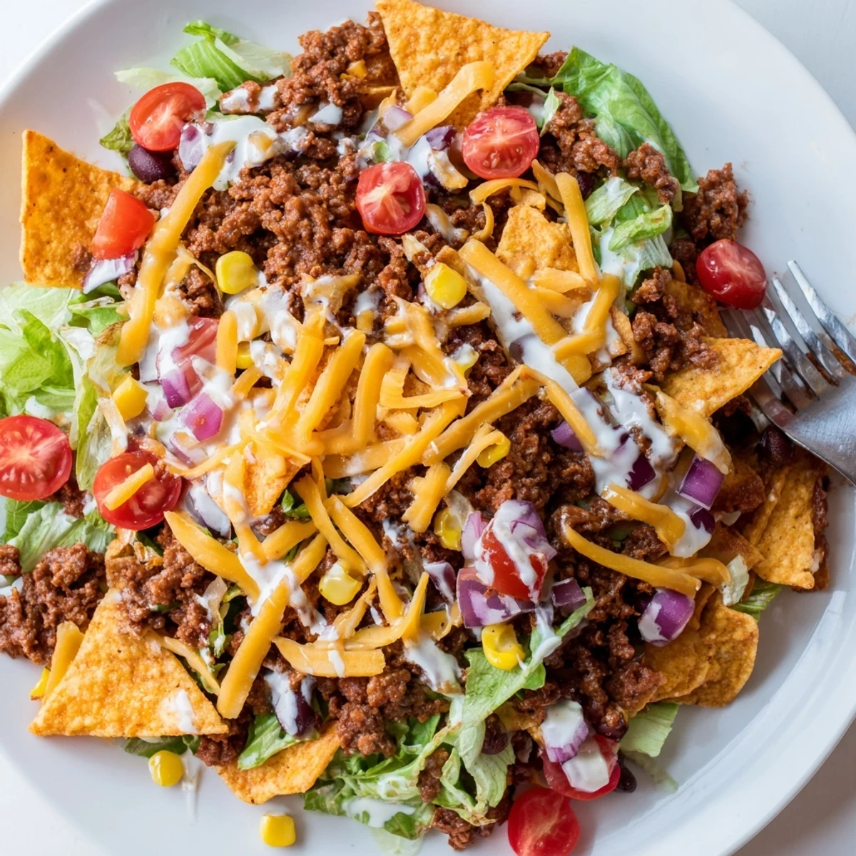 Heaping Simple Doritos Taco Salad served fresh, tangy ranch and melted cheddar.