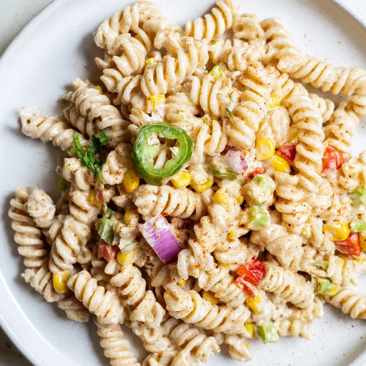 Creamy bowl of Juicy Street Corn Pasta Salad topped with crumbled cotija