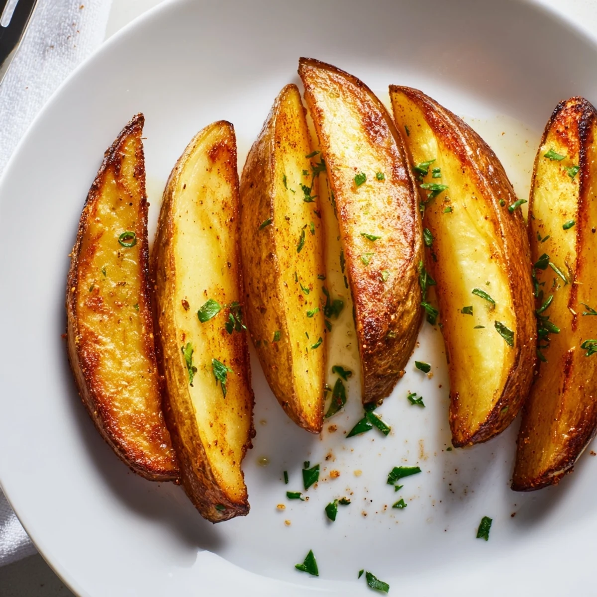 Golden oven-baked Potato Wedges, crispy edges and fluffy centers, served hot