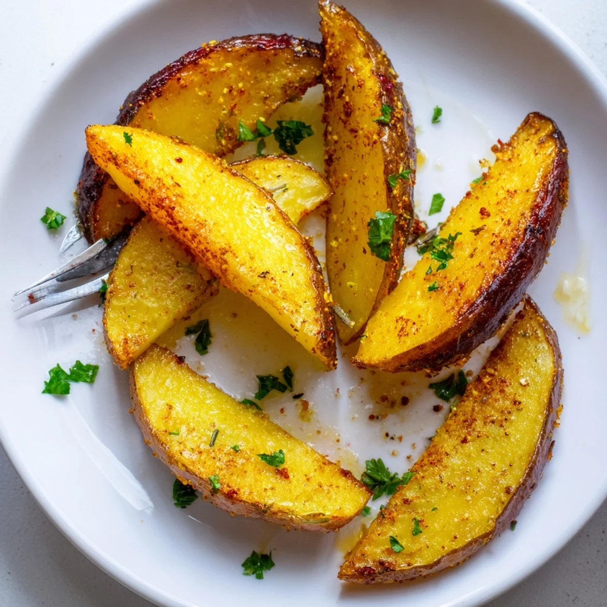 Crisp-skinned Potato Wedges on parchment-lined baking sheet, sprinkled with fresh parsley