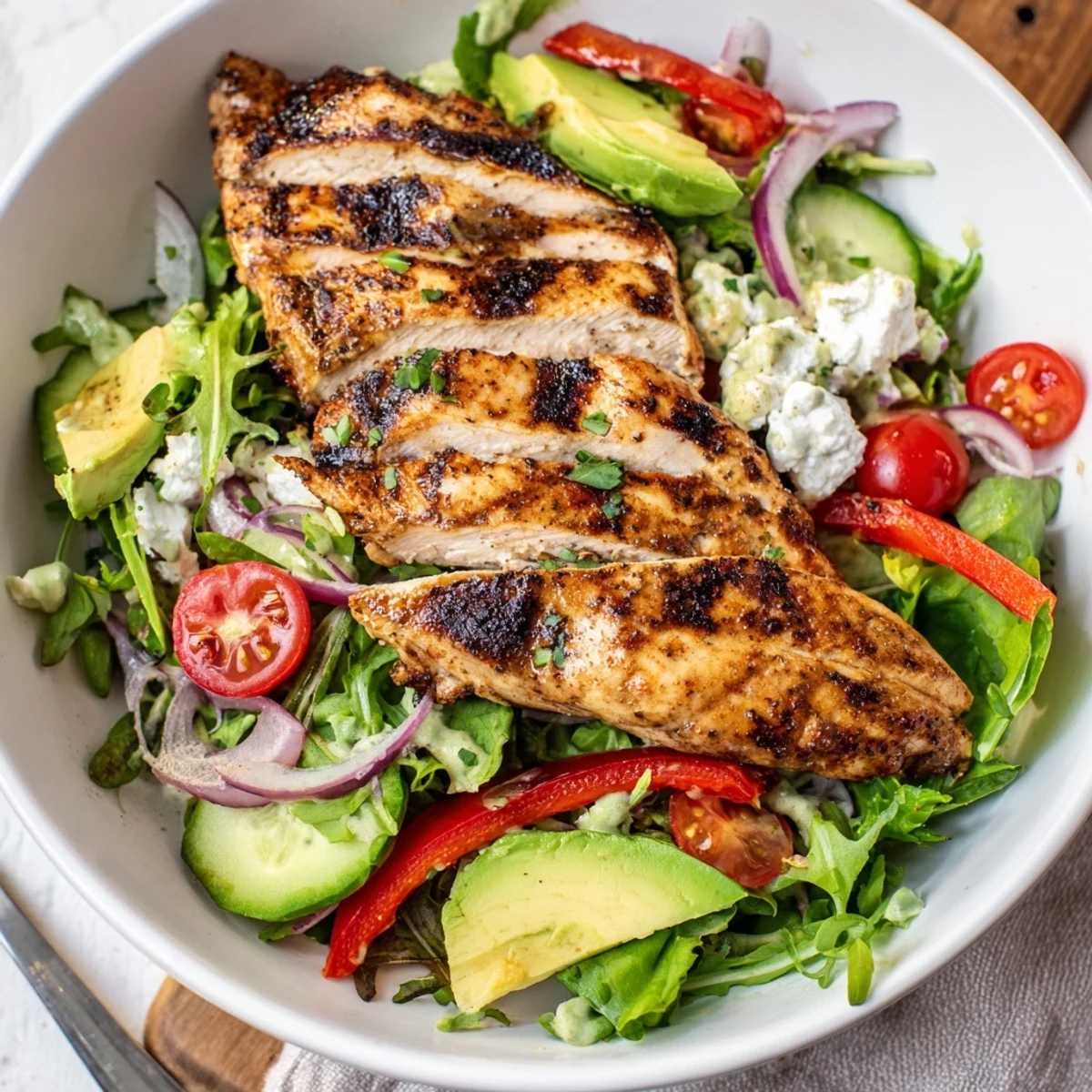 Grilled Chicken Salad Avocado Herb Dressing Recipe with charred chicken, creamy lime avocado dressing