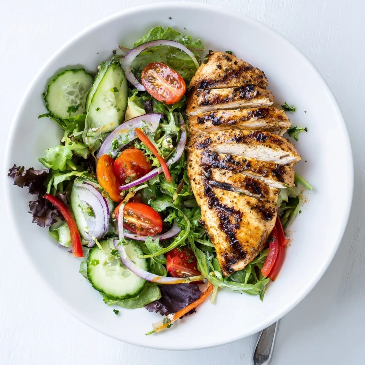Warm sliced chicken atop crisp greens in Grilled Chicken Salad Avocado Herb Dressing Recipe