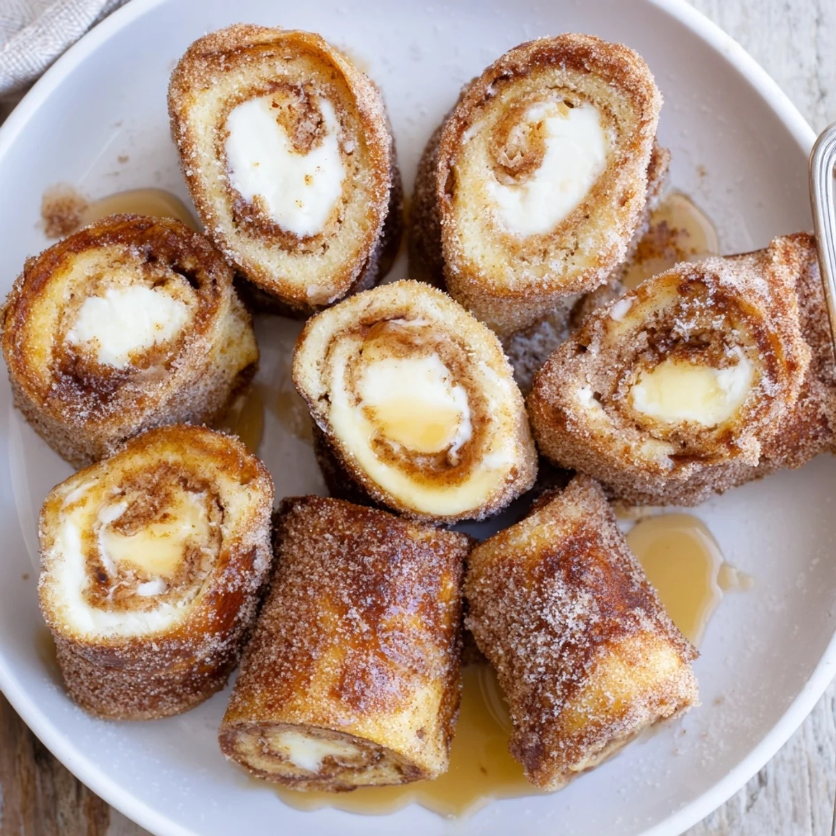 Warm Cinnamon Roll French Toast Roll Ups glazed with cinnamon-sugar, steaming on plate