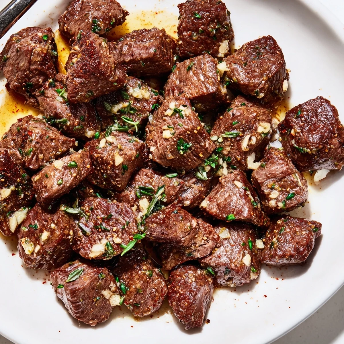 Garlic Butter Steak Bites sizzling in cast-iron, glossy herb-scented butter sauce