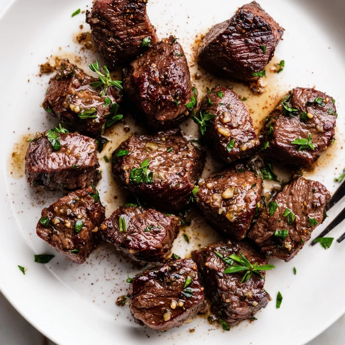 Garlic Butter Steak Bites piled on crusty bread, tender and buttery