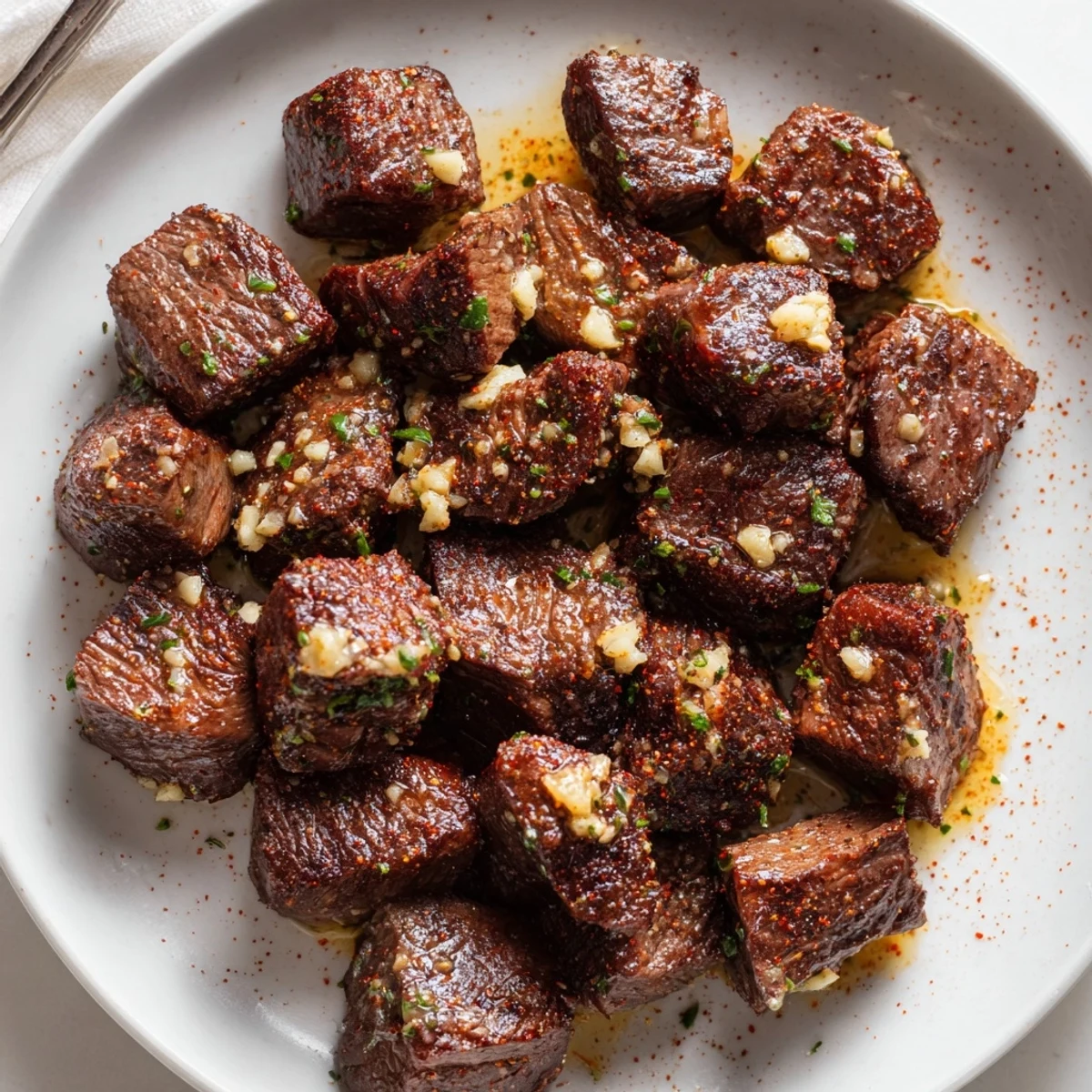 Pan-tossed Garlic Butter Steak Bites releasing fragrant garlic steam, sprinkled parsley