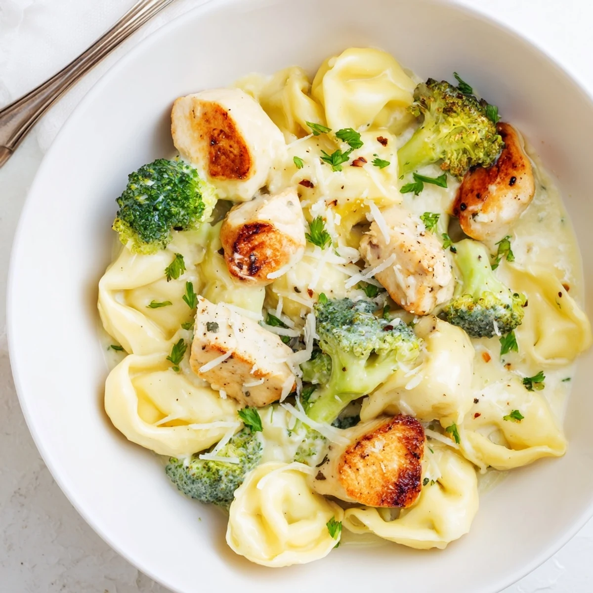 Skillet ready Creamy Garlic Parmesan Tortellini Chicken Broccoli Recipe, silky sauce clinging to pasta.
