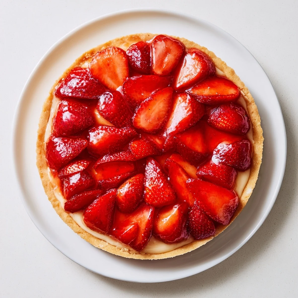 Chilled Tarte aux Fraises sliced on plate, bright strawberries and apricot glaze