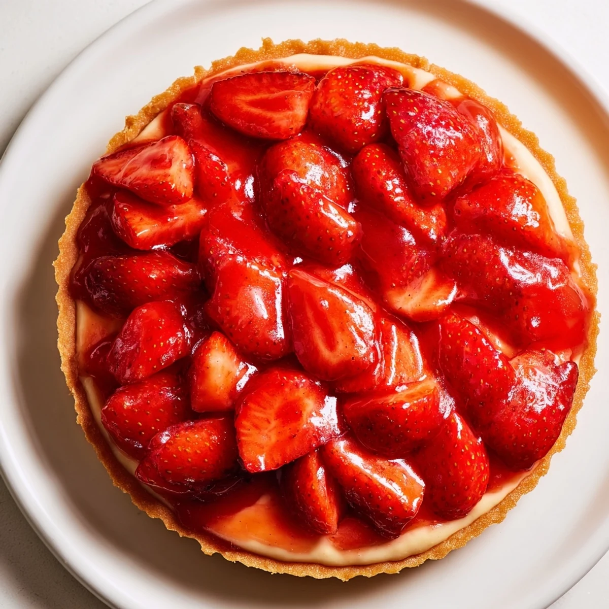 Buttery shortcrust holding a Tarte aux Fraises, vanilla scent, fork-ready spring dessert