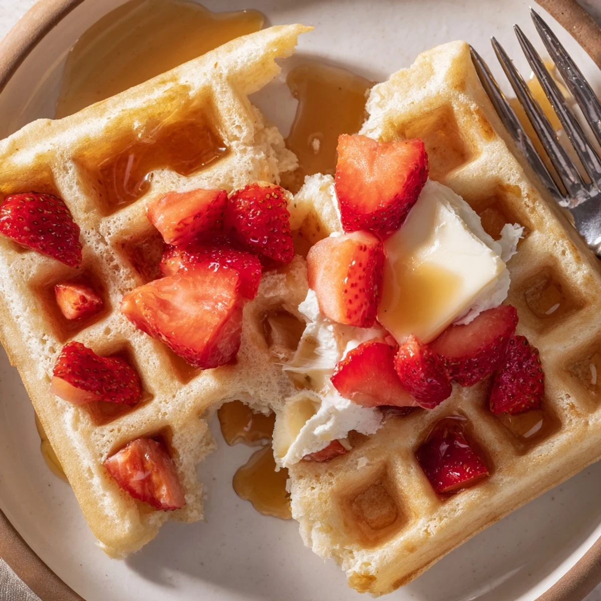 Strawberry Waffles Recipe: golden, fluffy waffles topped with syrup and berries