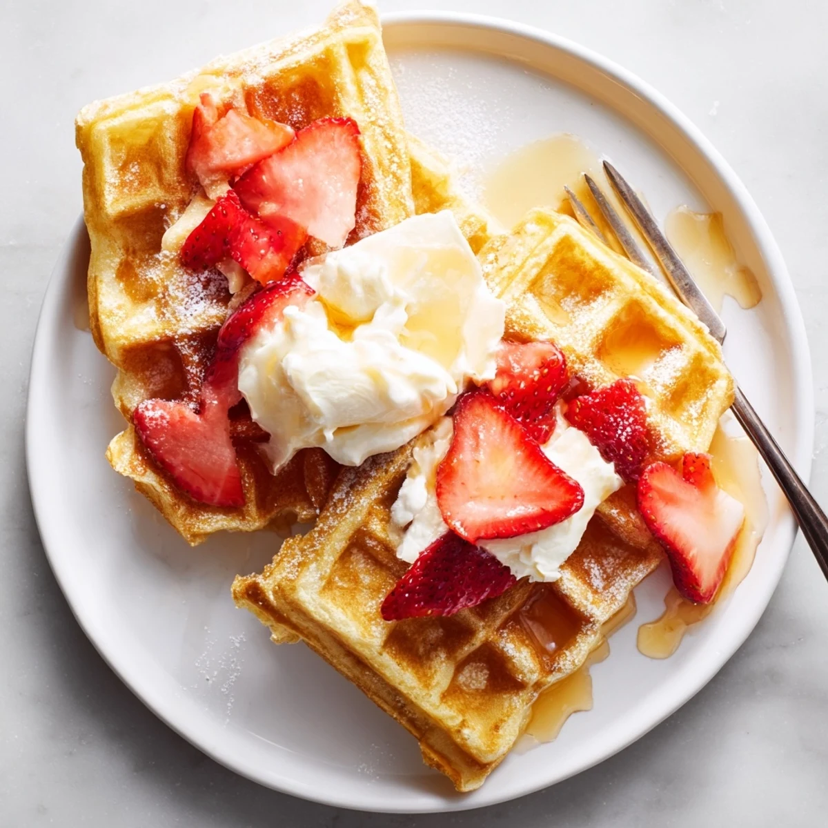 Warm waffles dusted with powdered sugar, Strawberry Waffles Recipe for brunch