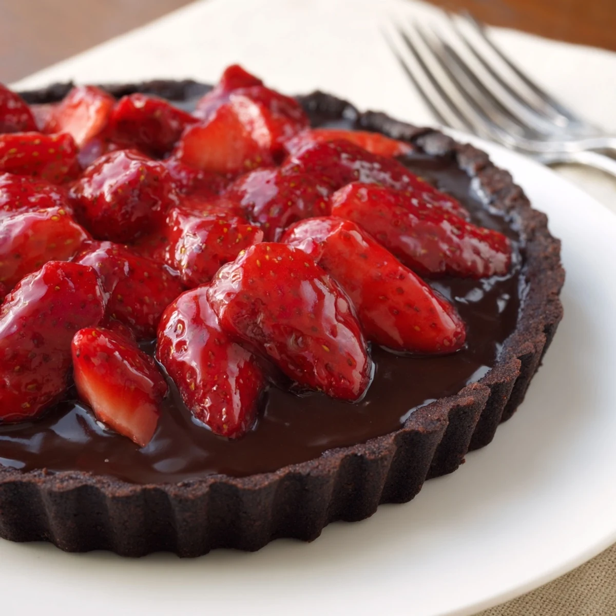 Dark Chocolate Strawberry Tart Recipe with glossy ganache and sliced strawberries on plate