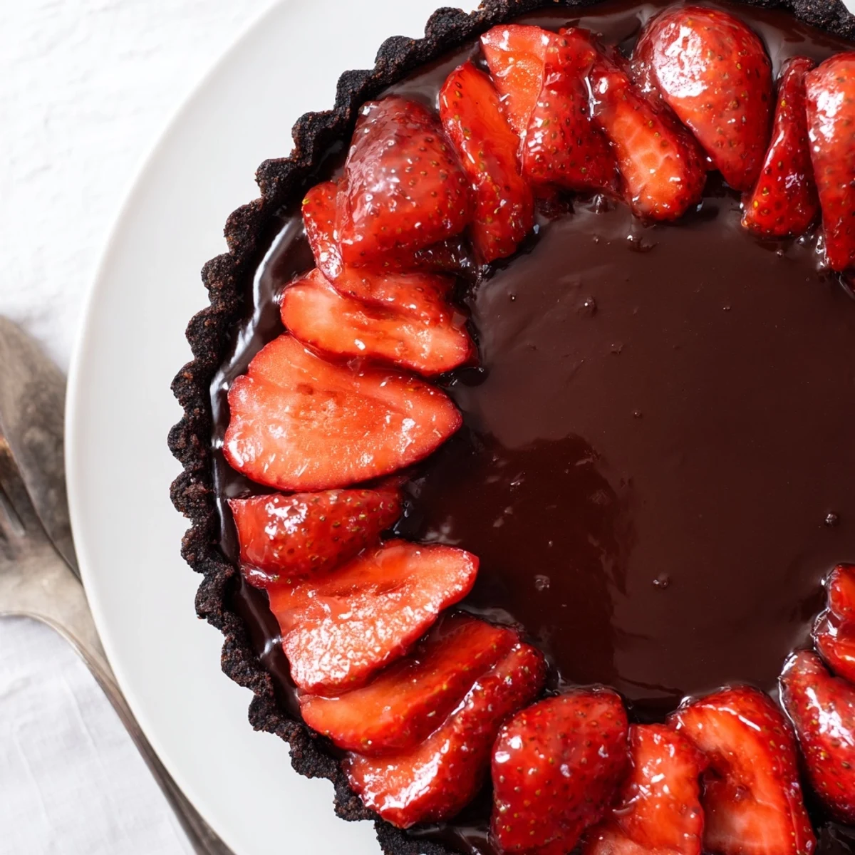 Sliced Dark Chocolate Strawberry Tart Recipe on wooden board, buttery crust visible